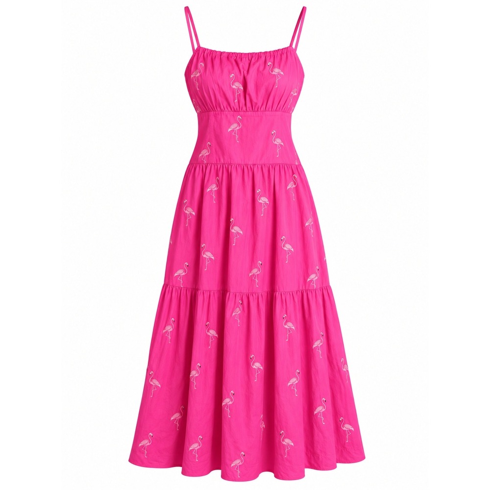 Free Assembly Pink Flamingo Embroidered Midi Dress Size 20 Adjustable Straps NWT